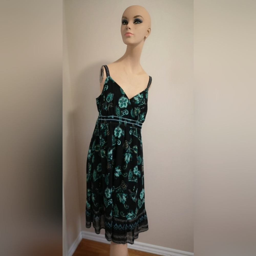 Esprit Teal Black Paisley Print Tank Dress US 10 Boho Chiffon Sleeveless